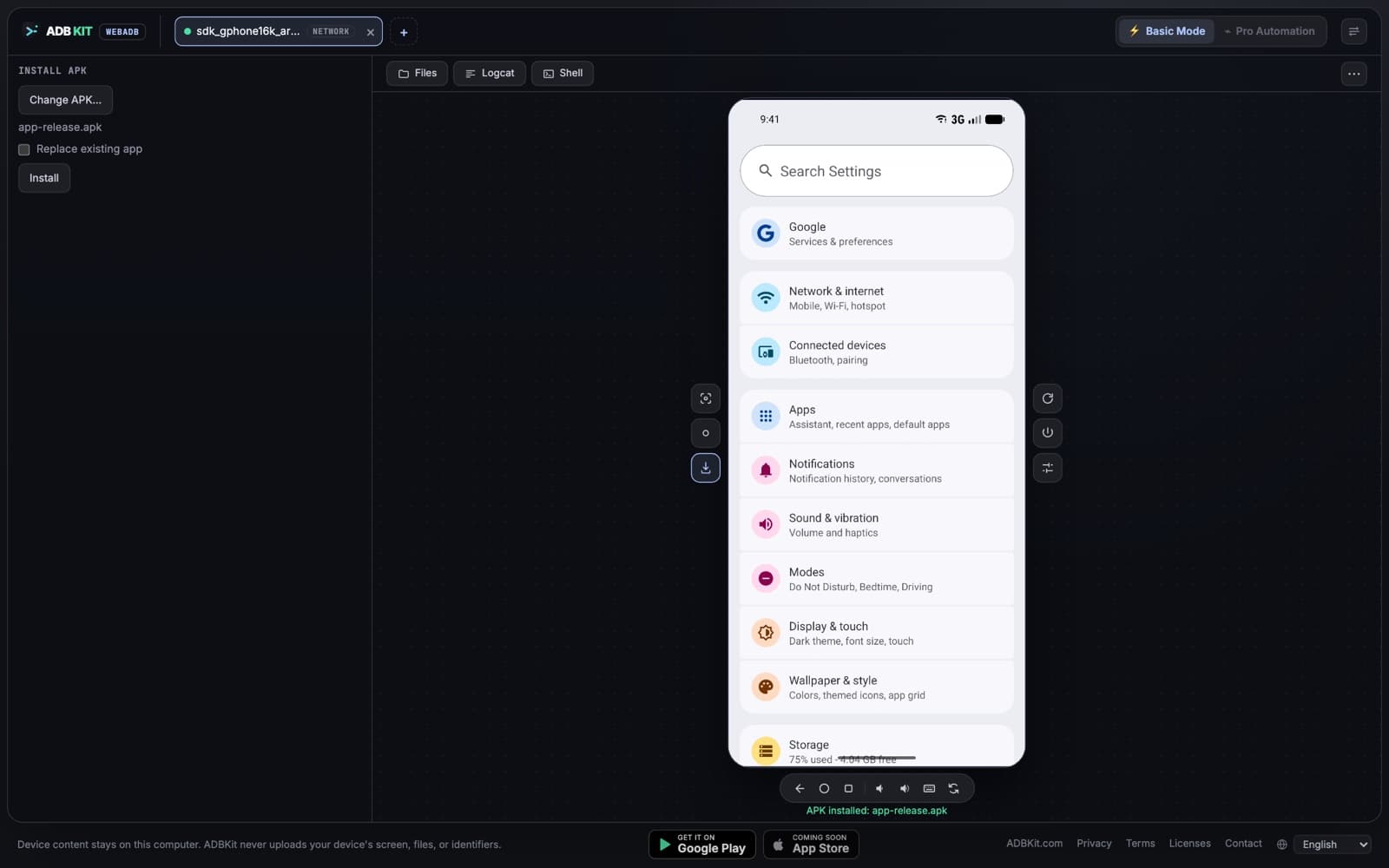 Installing an APK on the connected device