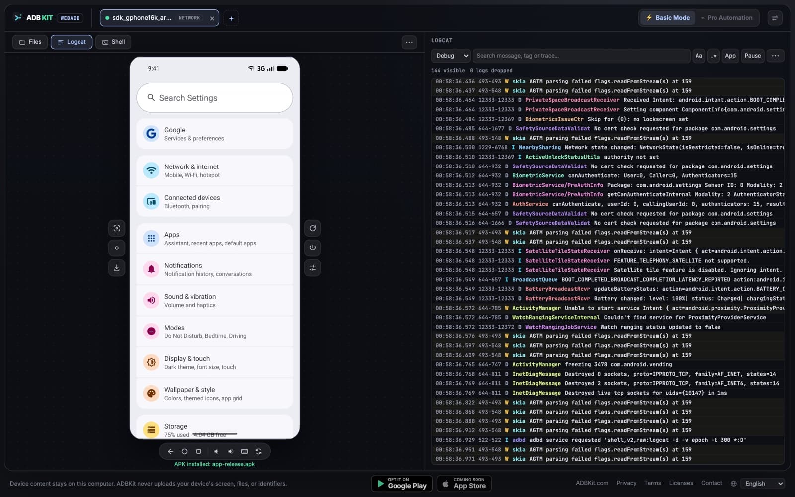Live logcat with level filter and search