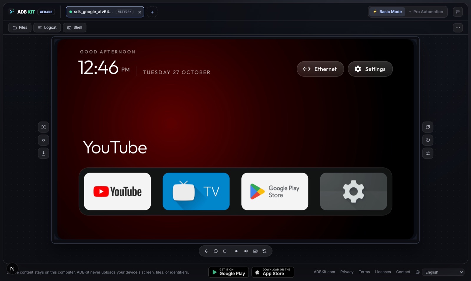 Một Android TV đã kết nối trong ADBKit, hiển thị dạng tivi với màn hình trực tiếp